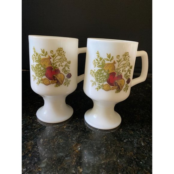 White Milk Glass Pedestal Mugs with Vegetable Design 5 1/2" - Picture 2 of 8